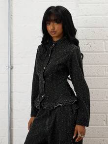 COUREZ Fitted Denim Jacket With Frill Detail In Textured Pulled Denim /Y2K Going Out Outfits  Women Clothes Spring Clothes For Women Gothic Set Club Outfits Women Sexy - Black - View 2