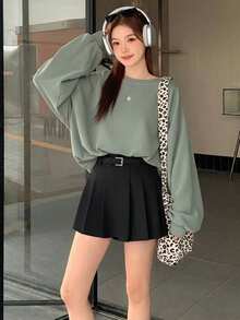 DAZY Solid Color Round Neck Loose Fit Casual Sweatshirt With Drop Shoulder,Fall Clothes - Green - View 3