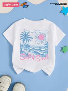 SHEIN Elladie kids 少女沙滩印花宽松圆领短袖白色T恤，少女夏季服装，适合青少年在海滩穿着的可爱T恤 - 黑色 - 查看 5