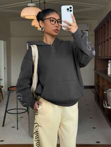 Muchica Áo nỉ dệt kim màu xám tro với thêu chữ, áo nỉ dài tay kiểu dáng thường ngày, áo nỉ in hình dành cho nữ, áo nỉ nữ phong cách Y2K, áo nỉ tùy chỉnh màu xám. - Màu xám đen - Xem 3