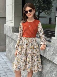 SHEIN NovaGlow Tween Girl Tween Girls Crew Neck Kaki Knit Patchwork Ditsy Floral Dress - màu nâu - Xem 5
