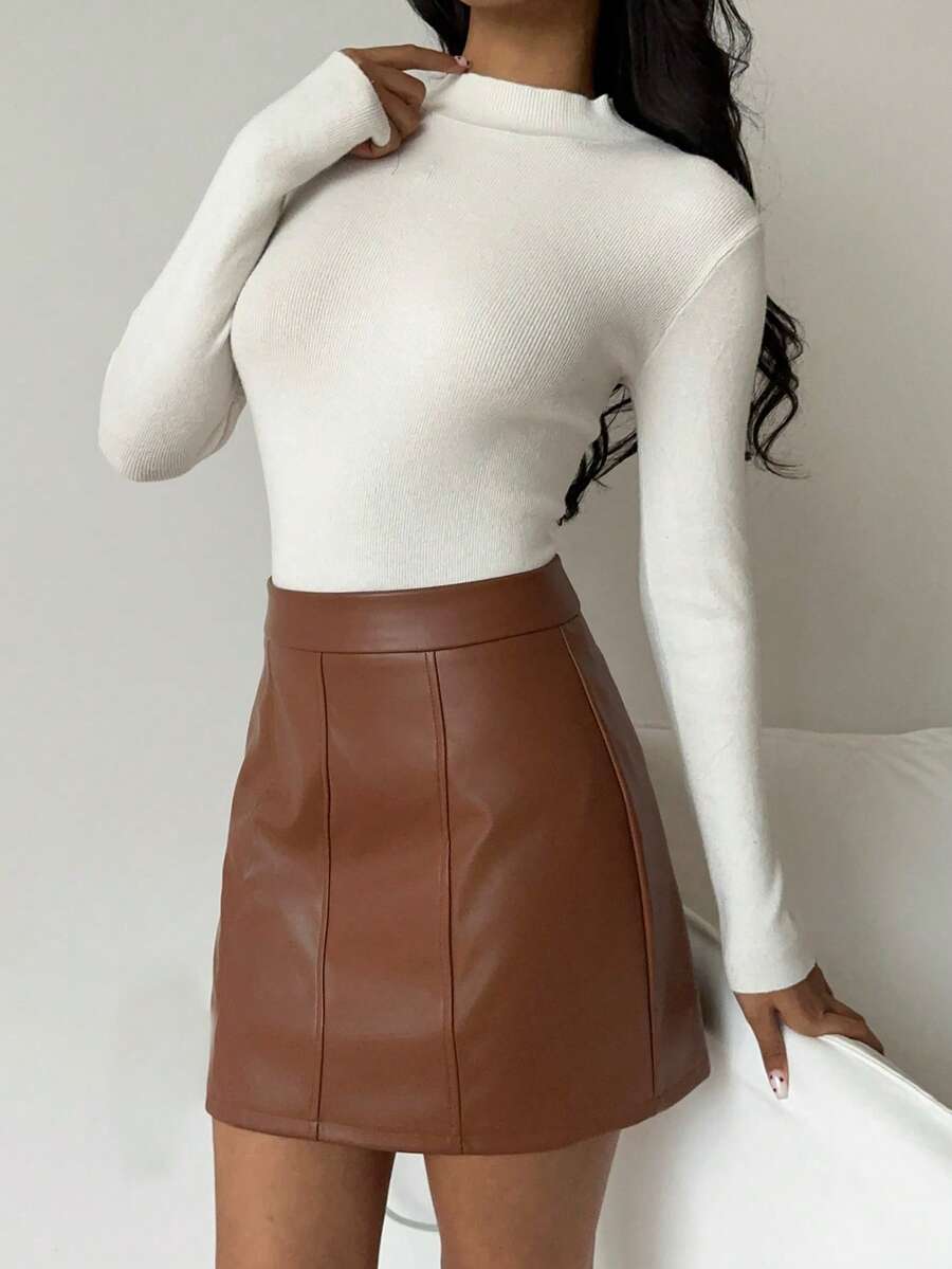 Flirla 时尚百搭纯色高腰裙 - 棕色 - 查看 1