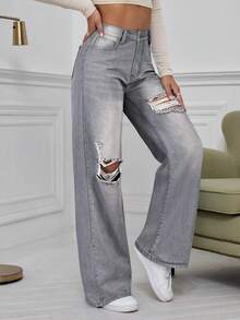 SHEIN ICON Jeans de pierna ancha con cintura alta y rotos en azul denim lavado - Gris - Ver 4