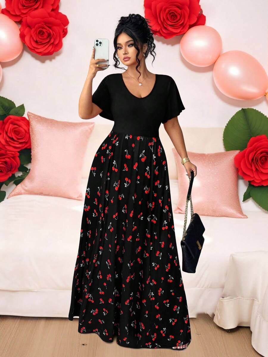 Elenzga Plus Size Elegant Minimalist Holiday Party Ruffle Sleeve Fitted Knit Dress - Multicolor - View 1