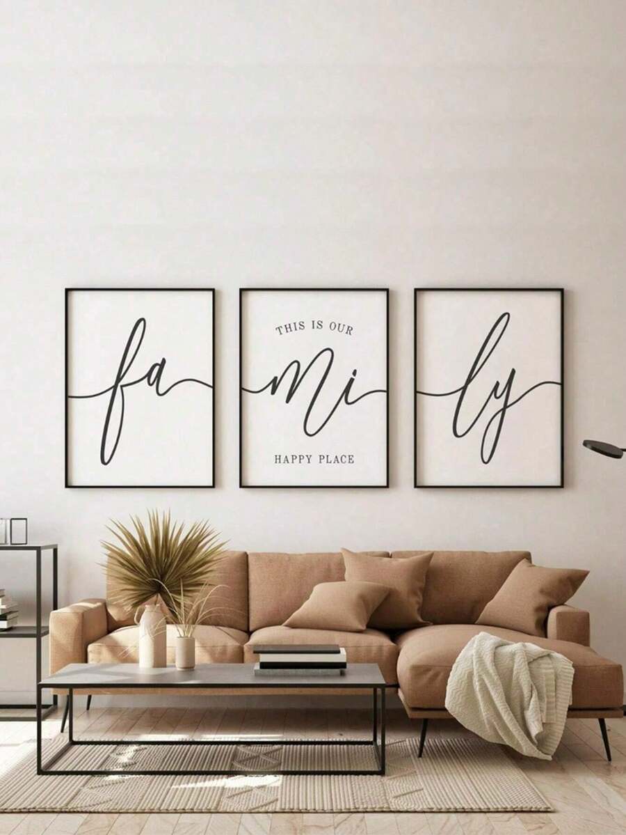 3 Piezas de Arte de Pared de Línea Simple - Cartel Familiar "Este es nuestro lugar feliz", Decoración Minimalista sin Marco para Sala de Estar, Dormitorio - Multicolor - Ver 1