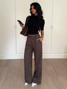 Siren Gaze Women's Brown Striped Print Casual Straight Leg Pants, Autumn/Winter Brown Pants Stripe Pants Wide Leg Pants Pleated Pants - Brown - View 6