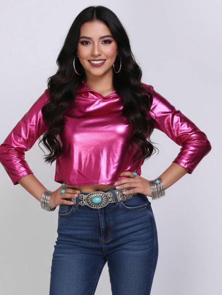Camisa femenina urbana de estilo moderno ajustada, efecto cuero brillante, con capucha, manga larga, otoño/invierno, casual y fiesta - Rosa Fucsia - Añade 1