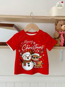 SHEIN Maglietta a maniche corte con collo rotondo, stile minimalista, adatta per l'estate, il Natale e come strato, con simpatici e divertenti motivi natalizi a renne e pupazzi di neve, colore rosso natalizio, adatta per ragazze giovani - Multicolore - Visualizzare 2
