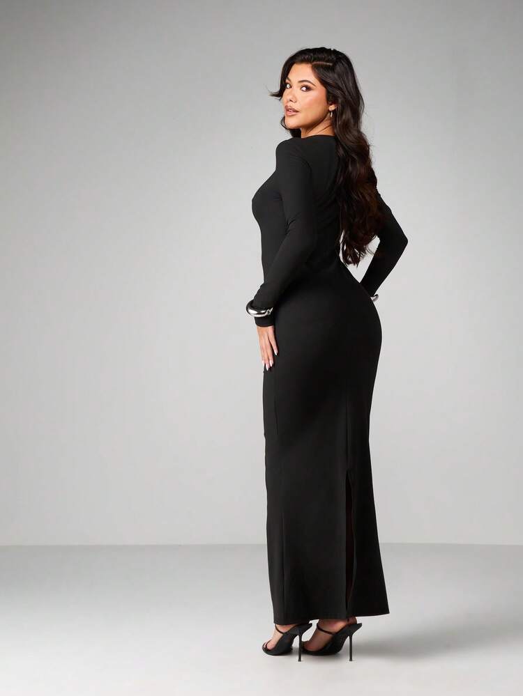 MISSGUIDED Vestido largo de manga larga y silueta ajustada para ocasiones de noche, con cuello redondo y detalles de puño con anillo metálico