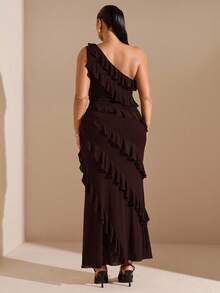 SHEIN BAE Plus Size Women Asymmetric Ruffle Hem Long Dress, Early Autumn - Coffee Brown - View 5