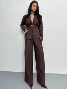 Firerie 女士优雅收腰咖啡棕色西装外套和高腰阔腿裤套装，套装，裤装，咖啡色套装，收腰西装外套，女士教师制服，商务通勤套装，知性优雅女士服装，金属纽扣装饰套装，咖啡棕色翻领西装外套套装，春秋冬装，优雅，通勤，休闲，日常，简约，工作服 - 咖啡棕 - 查看 5