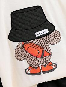 SHEIN 2pcs/Set Young Boy Kids Comfortable Daily Versatile Casual Cute Loose Fit Japanese And Korean Style Animal Bear Pattern Embroidered Round Neck Short Sleeved T-Shirt Knitted Top And Yellow Waffle Shorts Set, Suitable For Spring And Summer Seasons, Daily Life, Sports, Campus, Gatherings, Festivals, Performances, Photography, Back To School Season - Black - View 5