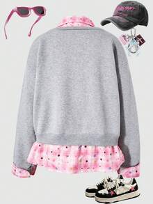 SHEIN ChillGRL Teen Girls Minimalist Versatile Striped Splicing Thermal Lined Gray Long Sleeve Sweatshirt With Plaid Decor, Autumn/Winter - Grey - View 2
