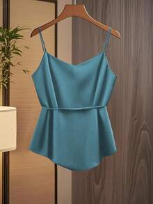 Qadelle Camiseta sin mangas de mujer de moda casual con cuello en V, plisada, con lazo envolvente y cintura anudada en forma de A - Neblina azul - Ver 2