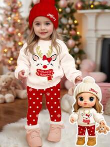 两件套女婴可爱卡通蝴蝶结小鹿印花加厚柔软舒适长袖卫衣和雪花印花打底裤套装，适合秋冬季日常穿着、圣诞派对、新年、外出、居家等场合。 - 彩色 - 查看 1