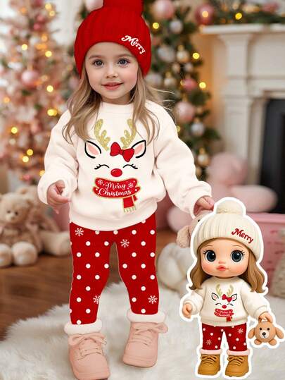 两件套女婴可爱卡通蝴蝶结小鹿印花加厚柔软舒适长袖卫衣和雪花印花打底裤套装，适合秋冬季日常穿着、圣诞派对、新年、外出、居家等场合。