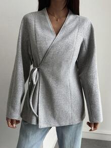 Livesso 女士羊毛束腰休闲连衣裙，适合通勤，秋冬季女式外套 - 灰色 - 查看 3