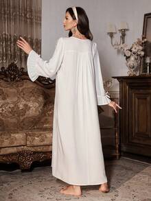 PalaceNights Vintage Palace Style White Lace Embroidered Long Nightgown, Winter - White - View 2