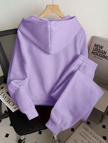 Resyla Women's Solid Color Beaded Decor Hooded Drawstring Sweatshirt And Pants Casual 2 Pieces Set - Lilac Purple - View 2