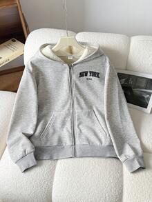 SHEIN Sudadera con capucha gris de punto suave para adolescentes, chaqueta forrada térmica - Gris - Ver 3