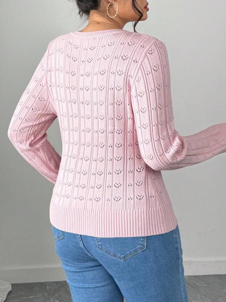 Dazy Plus Valentine Elastic Fitted Jacquard Half-Placket Pink Pullover Sweater, Spring/Autumn