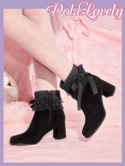Dola Lovely Sweet Princess Student Bowknot Lolita Short Boots, Low Chunky Heel, Soft Girl Academy Style Boots For Women, Suitable For Halloween, Christmas, Autumn/Winter