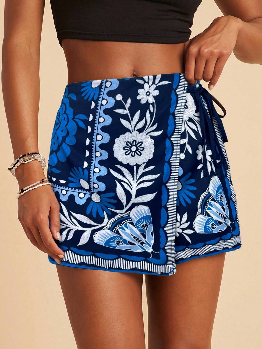 Travachic Bohemian Stil lässige Urlaubsstrand Shorts mit Bindebund und Rüschenkante für Frauen, Herbstmode, Herbstkleidung - Blau - Übersicht 1