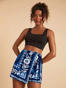 Travachic Bohemian Stil lässige Urlaubsstrand Shorts mit Bindebund und Rüschenkante für Frauen, Herbstmode, Herbstkleidung - Blau - Übersicht 7