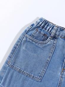 SHEIN Explorewe 男童复古街头风多口袋侧边D形环扣黑色牛仔工装直筒裤 - 中等水洗藍 - 查看 6