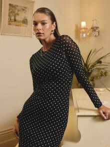 Aralina 女士波点印花圆领修身优雅长袖连衣裙 - 黑與白 - 查看 4