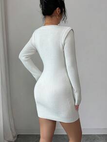 EMERY ROSE Váy len dệt kim dài tay cổ chữ V màu trơn đơn giản dành cho nữ - trắng - Xem 2