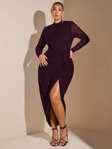 SHEIN BAE 大码女士优雅性感生日派对黑色网纱高领长袖垂褶高开衩修身长裙圣诞节服装场合礼服舞会礼服 - 紫紅色 - 查看 7