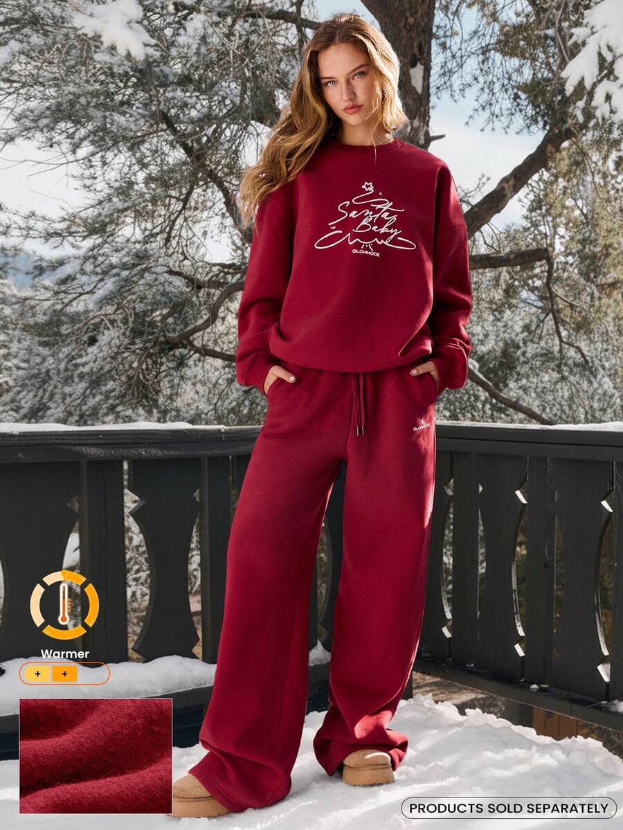 GLOWMODE Heavyweight Fleece Festive Flow Soft Plush Warm Straight-Leg Side Pockets Drawstring Sweatpants Holiday Christmas Autumn Winter Outdoors Daily Casual Wear - Rot - Übersicht 1