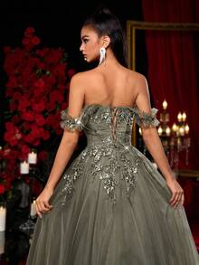 Glamrae Elegant Vanilla Green Off Shoulder Luxury 3D Applique Super Flared A-Line Dress With Adjustable Tie, Suitable For Dates, Singles Parties, Weddings, Vacations, Back To School, Photoshoots, Birthdays, Formal Occasions - Olive Green - View 5