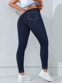 SHEIN PETITE Quần Jeans Denim Túi Ôm Vừa Vặn Thường Ngày Màu Trơn Cho Nữ - Rửa tối - Xem 2