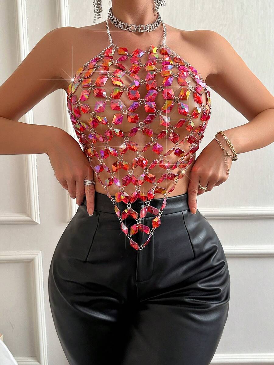 VaVaBold Women's Diamond Detail Halter Top Graphic Tees Women Tops - Red - View 1