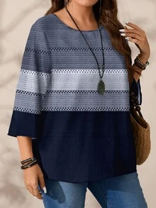 EMERY ROSE 大码女式休闲全身印花圆领宽松七分袖衬衫，秋冬 - 彩色 - 查看 7