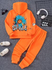 SHEIN Explorewe 2 件套 Tween Girls 酷炫花卉印花连帽运动衫和运动裤套装