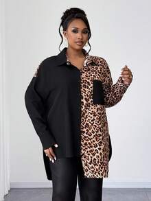 Maweii Casual Leopard Print Patchwork Retro Niche Design Plus Size Shirt - Black - View 6