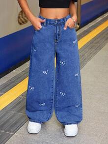 SHEIN Tween Girls' Y2K Fashionable Solid Washed Bowknot Jeans Embroidered Bow Baggy Denim Straight Leg Jeans,Tween Girl Fall Clothes Back To School Streetwear Outfits Winter - Medium Wash - View 4