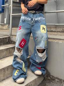 ROMWE MEN Grunge Punk Jeans anchos casuales y de moda para hombres con bordado de letras y efecto desgastado - Azul - Ver 4