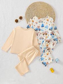 Conjunto de Roupa Casual Fofa para Bebês Meninos com Estampa Gráfica e Bordado de Animais como Raposa, Urso, Esquilo, Cogumelo - Multicolorido - Visão 2