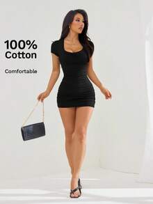 SHEIN PETITE Summer Dress Solid Ruched Bodycon Dress - Black - View 4