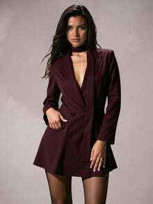 SHEIN Glamour Women's Burgundy Woven Fabric Cinched Waist Double-Breasted Tie Collar Blazer Jacket, Elegant Party, Vacation, Office, Commute, Date, Halloween, Christmas Versatile Blazer, Women's Burgundy Jacket Women's Suits Burgundy Women Blazer For Women Blazer For Women Women's Nightclub Party Christmas Ball Gown - Red - View 4