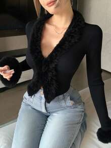 DAZY Áo khoác cardigan cổ chữ V có tua rua chắp vá cho nữ, mùa thu - màu đen - Xem 3