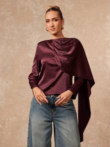 Lumalex Winter Fall Satin Shawl Collar Long Sleeve Women Blouse Luxury Prom Gathering Party Banquet Modest Old Money Coquette Glitter Holiday Party Rave Festival Outing Vacation Hot Outdoor Richly Layered Wedding Season Banquet ID Al-Adha Al-Adha Party New Year Looks Of Party Party Dress For Autumn - Red Violet - View 6