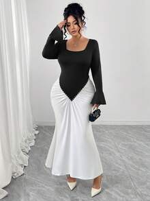 Modelyn Plus Size Women's Vintage Elegant Color Block Ruched Puff Sleeve Turtleneck Bodycon Dress