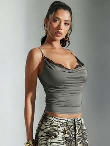 Denimoi Women's Contrast Lace Draped Neck Ruffle Hem Sexy Camisole - Grey - View 4