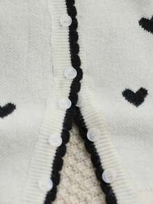 Baby Girls' Soft Knit Romper, Round Neck Long Sleeve Sweater Jumpsuit With Contrast Color Heart Pattern, Ruffled Cuff And Collar Decor, Comfortable For Autumn/Winter Indoor And Outdoor Wear Baby Fall Winter Romper Baby Sweater Jumpsuit Baby Knit Romper Button Front Baby Girl Heart Outfit Baby Knit Romper Heart Pattern - Black - View 6