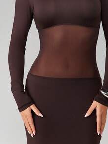 MISSGUIDED Women's Mesh Panel High Neck Long Sleeve Bodycon Maxi Evening Dress With Sheer Waist Detail